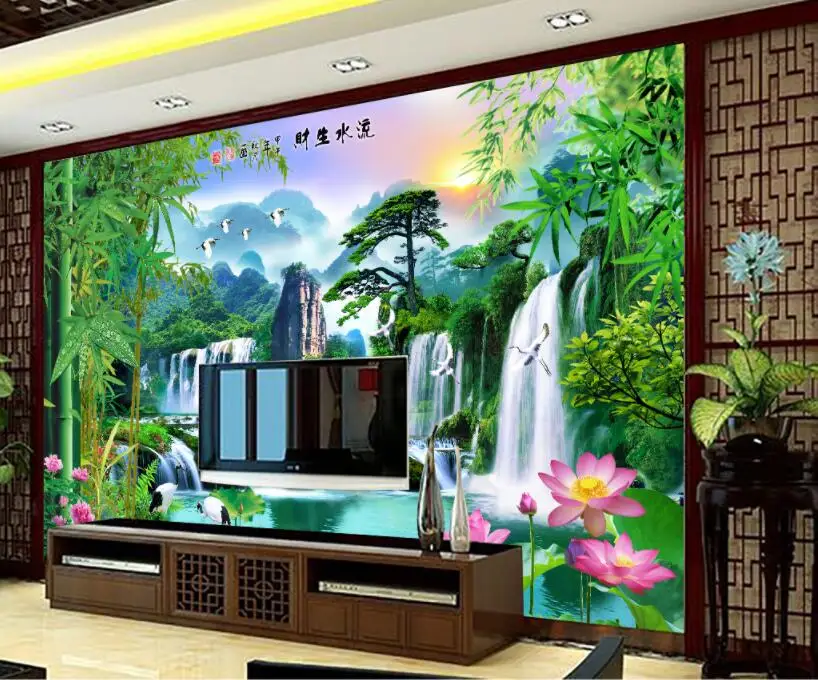 CJSIR 3d Wallpaper Nature Painting Bamboo Lotus Welcoming Pine Scenery Landscape Water TV Background Wall Mural | Обустройство дома