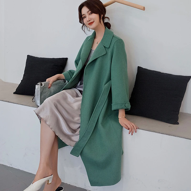 LHZSYY 2019Autumn Winter New Women Double-sided Woolen Coat Fashion Slim Pure Wool lacing Long Thick Warm Cashmere Cardigan Coat - Цвет: Зеленый