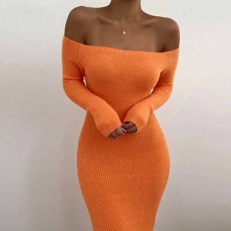Ribbed Off Shoulder Long Dress Women Autumn Full Sleeve Slash Neck Sexy Bodycon Dress Solid Backless Ladies Party Vestido homecoming dresses Dresses