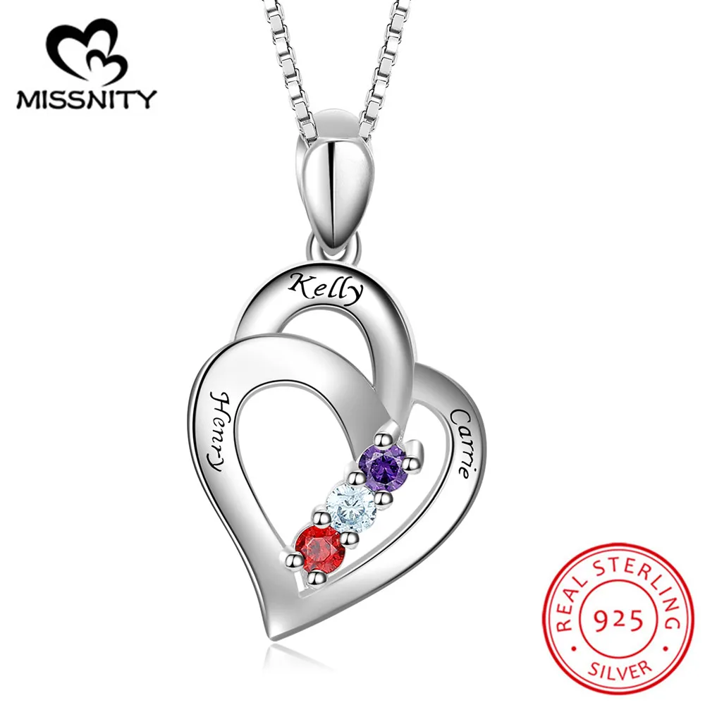 

Sterling Silver Personalized Mothers Necklace with 3 Simulated Birthstones Engraved Name Women Customized Promise Penda