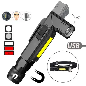 강력한 LED XPG 및 COB 손전등, 90 도 트위스트 로터리 클립, USB 충전식, 매우 밝은 핸즈프리, 야외 전술 손전등
