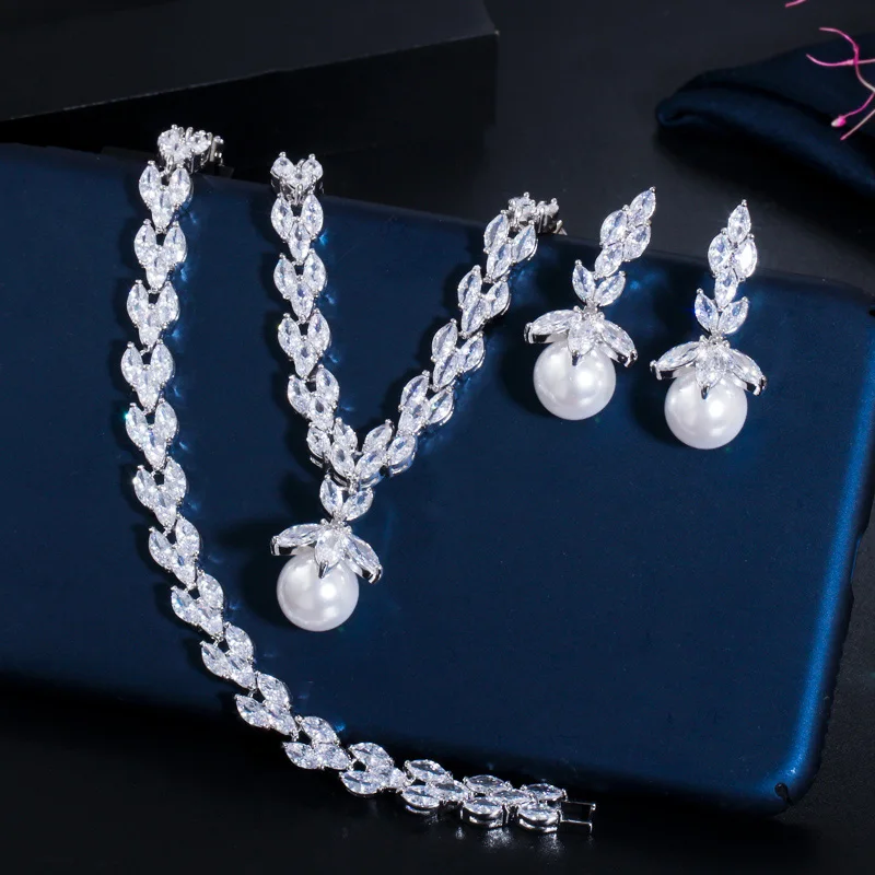 CWWZircons 3 Piece Sparkling CZ Dangle Drop Pearl Bridal Wedding Party Necklace Earrings Bracelet Jewelry Sets for Women T252|jewelry sets