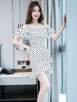 

2020 Summer Dress Square Collar Off Shoulder Halter Fish Tail Vestidos Office Lady Ruffles Polka Dot Woman Trumpet Dresses