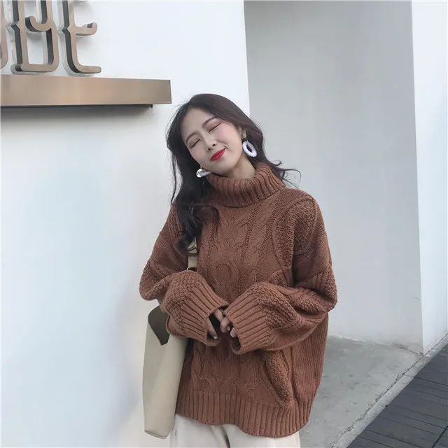 Корейский Harajuku свитер с высоким воротом женские милые Свободные Твист толстые ленивый ветер трикотажные пуловеры женские осень зима теплый джемпер