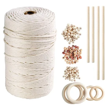 

NEW-DIY Macrame Kit Natural Macrame Cord Weaving Line Wooden Stick for DIY Craft Making Wall Hanging Plant