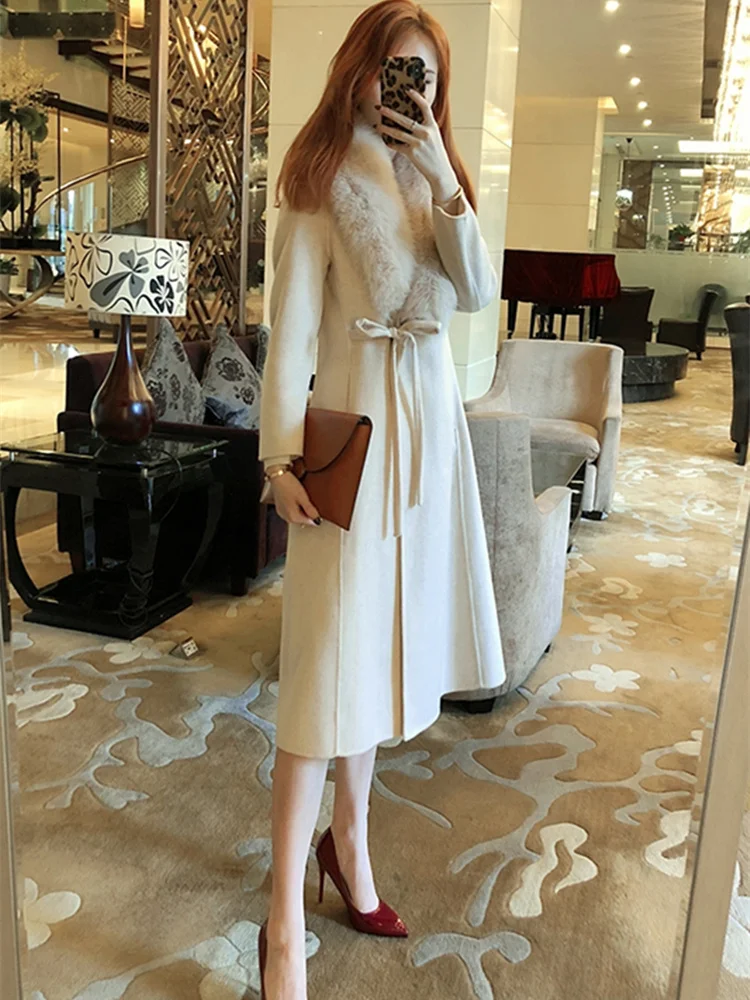 Beige Зимнее Новое высококачественное двухстороннее кашемировое пальто женское супер большое пальто с воротником из лисьего меха тонкое длинное шерстяное пальто - Color: Beige