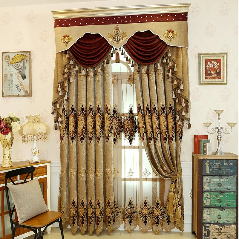 

New European Style Simple European Hollow Embroidery Chenille Curtains for Living Dining Room Bedroom.