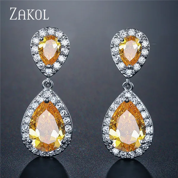 Yellow ZAKOL никель свободный моды классические в форме капли Кристалл циркония свадебные серьги для невесты украшения для Для женщин FSEP091 - Окраска металла: Yellow