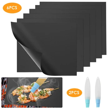 

6PCS Grill Mat Non-Stick Heat-Resistant Grill Mat With Two Oil Brushes For Barbecue, Easy To Clean & Reusable 40X50CM