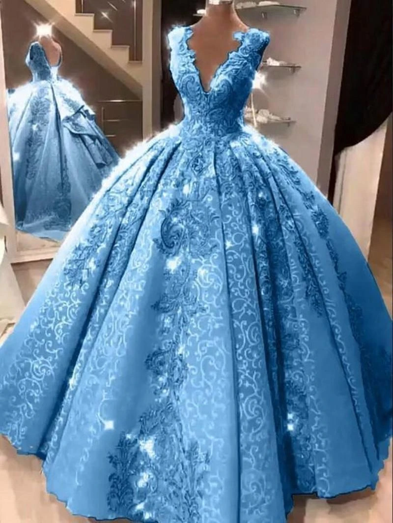 Alas Arqueológico Sangrar Vestido de baile azul para niñas, quinceañera, cuello en V, apliques de  encaje, vestidos para fiesta de graduación, 15 años|Vestidos de  quinceañera| - AliExpress