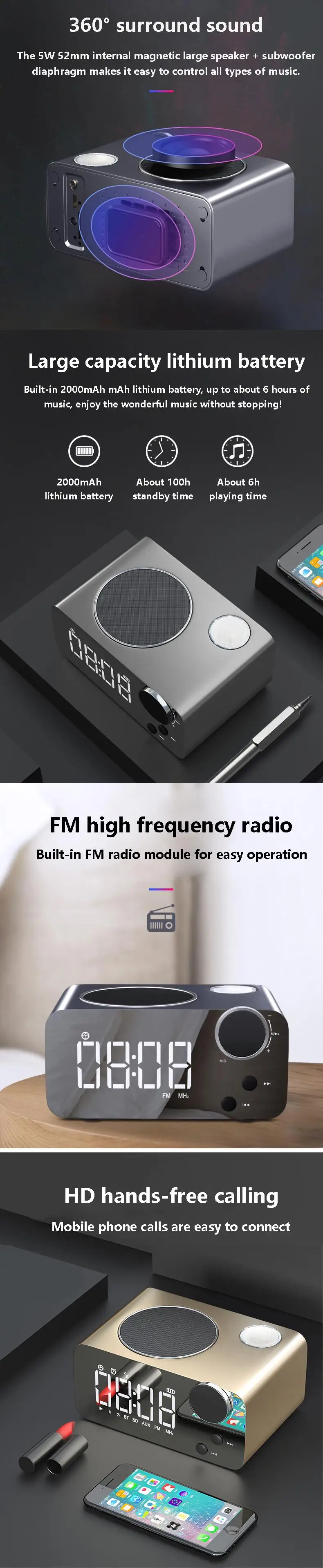 Беспроводной Bluetooth динамик мини Колонка сабвуфер стерео музыкальный плеер TF FM радио Поддержка светодиодный дисплей времени Повтор будильника
