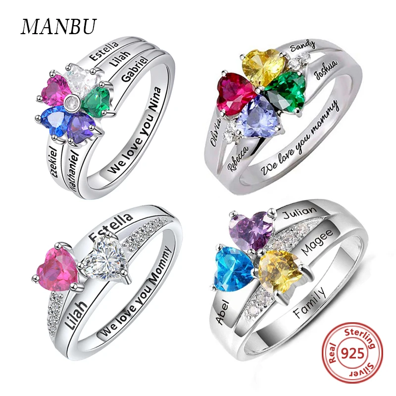 

Fashion personalized solid 925 sterling silver rings custom name&heart Love birth stone engagement ring For women accesories