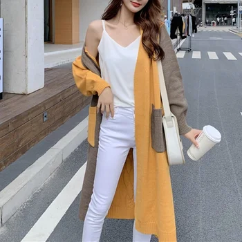 

New 2020 Women's Sweaters Autumn Winter Oversize Fashionable Pockets Long Cardigans Patchwork Knitwear Tops