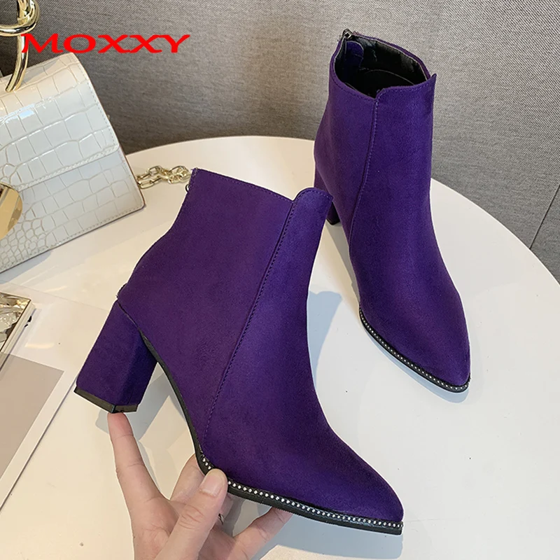 

2019 New Sexy Boots Women Pointed Toe Square High Heel Boots Female Black Purple White Boots Leather Suede Fashion Ankle Boots