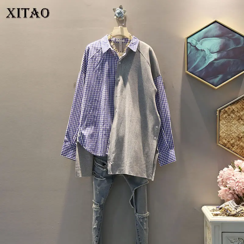 

XITAO Irregular Plaid Blouse Women Patchwork 2019 Single Breast Turn Down Collar Small Fresh Autumn Elegant Shirt ZYQ1811