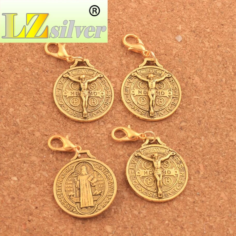 60PCS Zinc Alloy  Saint Jesus Benedict Nursia Patron Medal Crucifix Cross Clasp European Lobster Trigger Clip On C1658