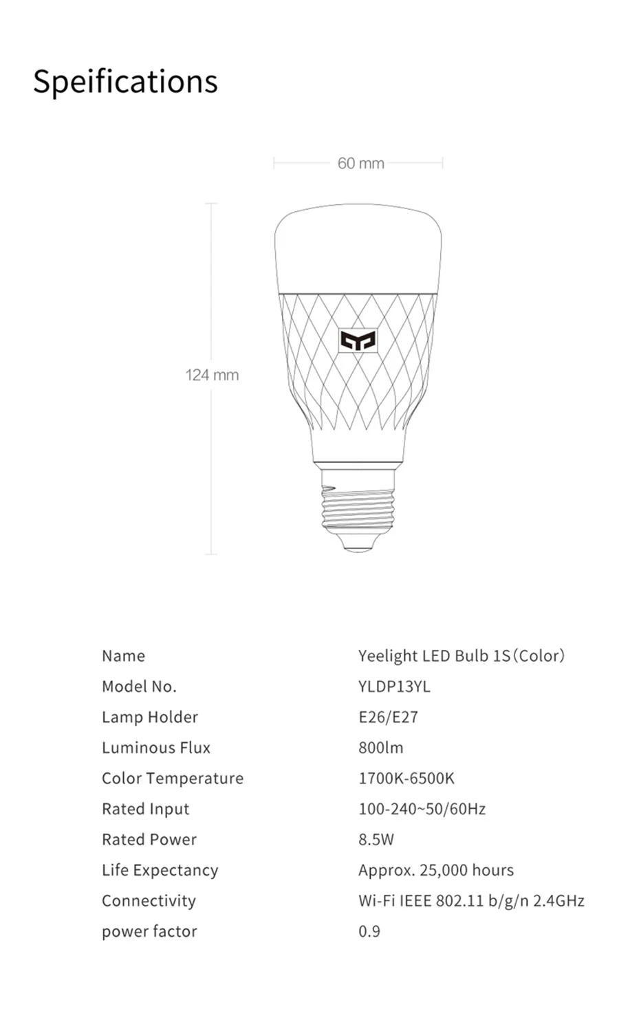 Xiaomi Yeelight Smart LED Bulb 1S Color 8.5W RGB Light 15