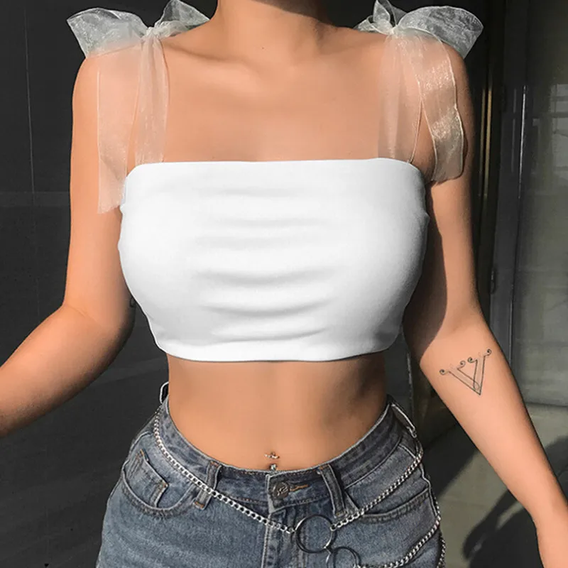 

Mesh Lace Up Crop Tops Women Summer Casual Vest Bandage Bow Tank Tops Solid Color Vest Sexy Backless Tanks Ropa Mujer Camisetas