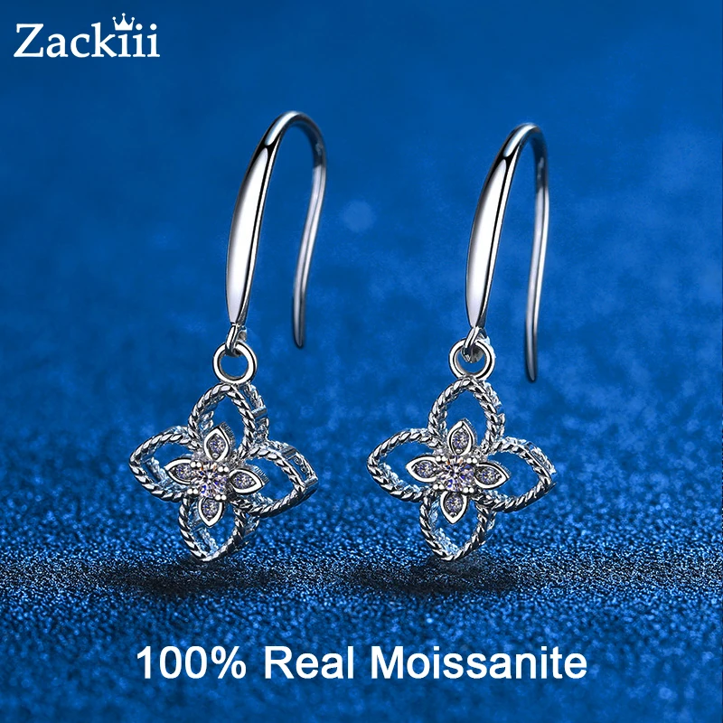 14k White Gold 0.08 Carat D Color Moissanite Flower Dangle Earrings Cute Design Pure Silver Drop Earring For Women Birthday Gift