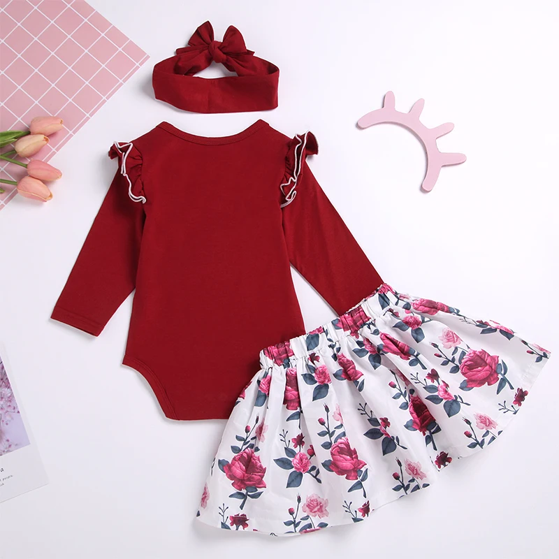 Осень-зима Модная Одежда для маленьких девочек комплект с юбкой однотонный комбинезон; Спортивный костюм; платье-пачка в цветочек повязка на голову для новорожденного, для малыша Костюмы