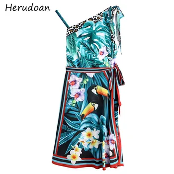 

Herudoan Summer Runway Dress Women Spaghetti Strap Leopard Chiffon Jungle Flower Animal Print Beach Vacation Ladies Mini Dress