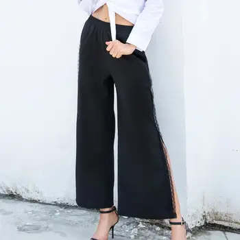 

Fashion Wide Leg Pants High Waist Split Women Lace Casual Loose Palazzo Elastic Waist Pant Elegant Office Lady Trouser Plus Size