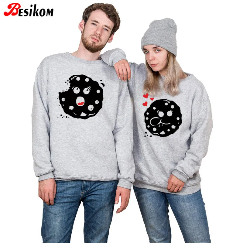 Besikom печенье хотите съесть вас пара подходящая футболка для женщин серый Осень и Зима Винтаж Пара Одежда унисекс толстовки