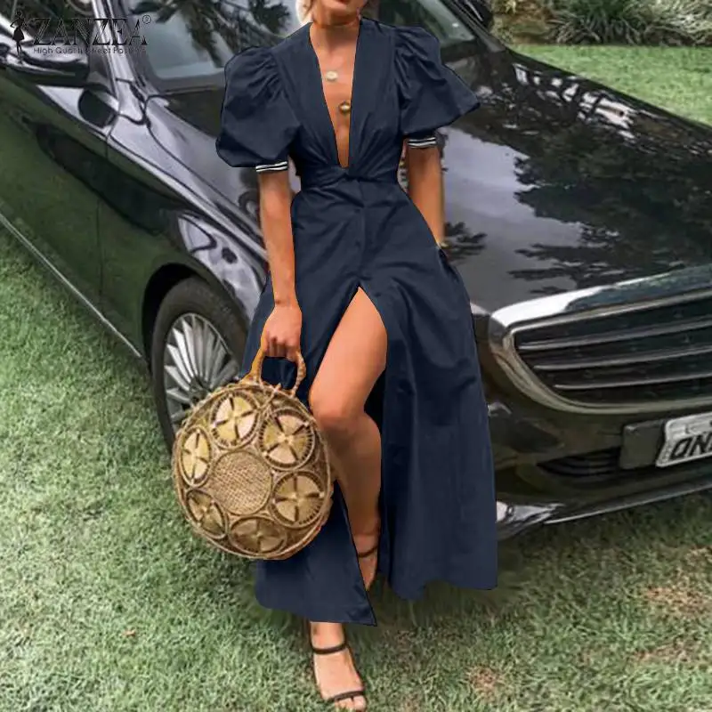 Zanzea Fashion Vrouwen Diepe V-hals Bladerdeeg Mouw Lange Jurk Zomer Knoppen Down Split Zonnejurk Elegante Partij Vestido Casual Jurken Zanzea Fashion Vrouwen Diepe V-hals Bladerdeeg Mouw Lange Jurk Zomer Knoppen Down Split Zonnejurk Elegante Partij Vestido Casual Jurken