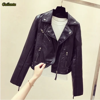 

Women Spring Autumn Pu Leather Jacket Zipper Long Sleeve Casual Pocket Slim Motorcycle Jacket Biker Faux Leather Jacket Women