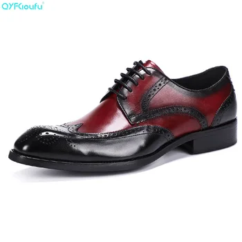 

QYFCIOUFU Luxury Designer Formal Men Italian Shoes Genuine Leather Fashion Black Red Wine Classic Pointed Toe Retro Brogue Shoes