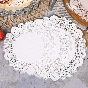 

30pcs Round Lace Wood Paper Cake Pad Tableware Dinner Baking Pad Oil-absorbent Paper Cake Pastry Pad Kitchen Supplies S/M/L
