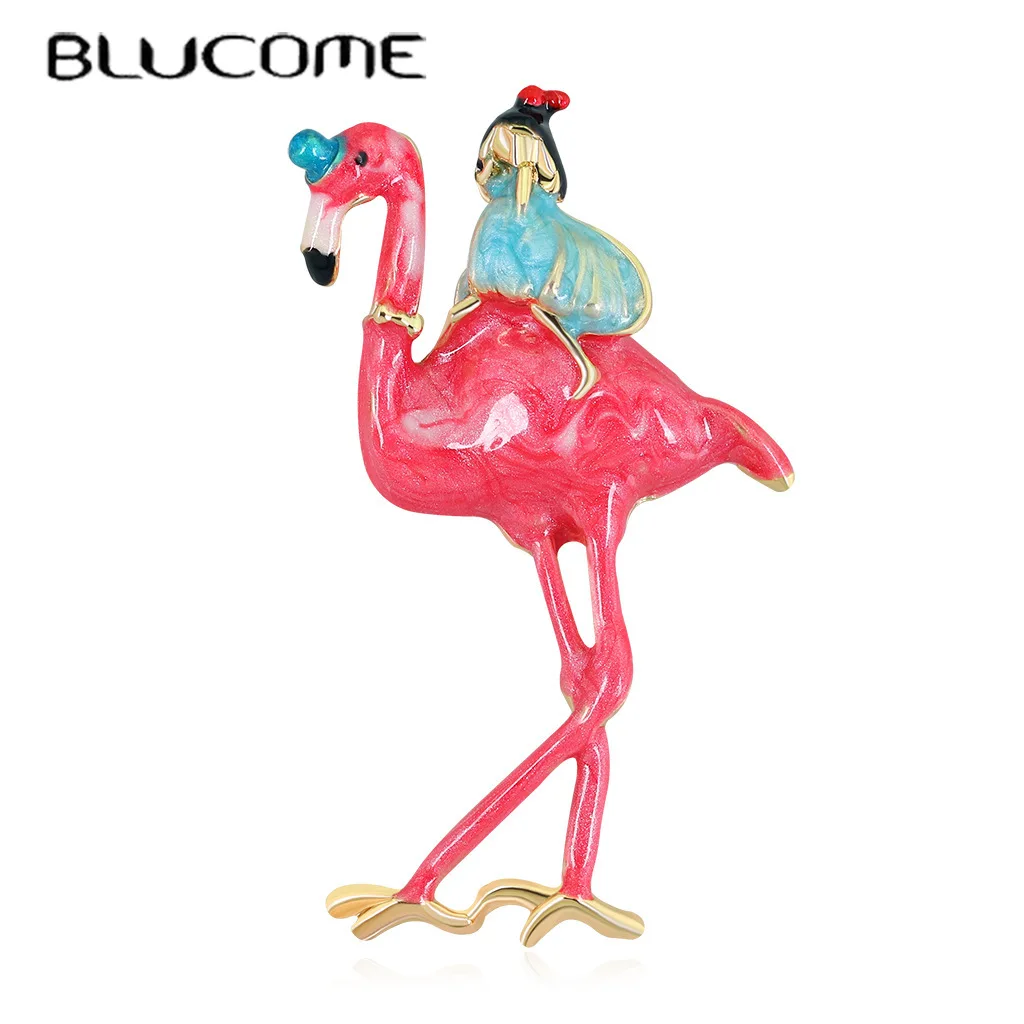

Blucome Enamel Pink Flamingo With Girls Brooch Corsage Gold Color Animal Figure Brooches For Women Kids New Year Gifts