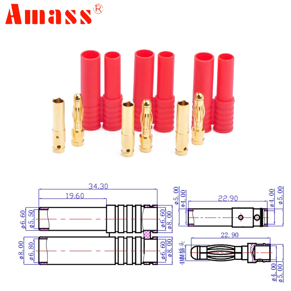 

Hot Amass 4.0mm Banana Gold Bullet Connector Plug With Cover/Protecter Case For RC Battery/ESC/Motor