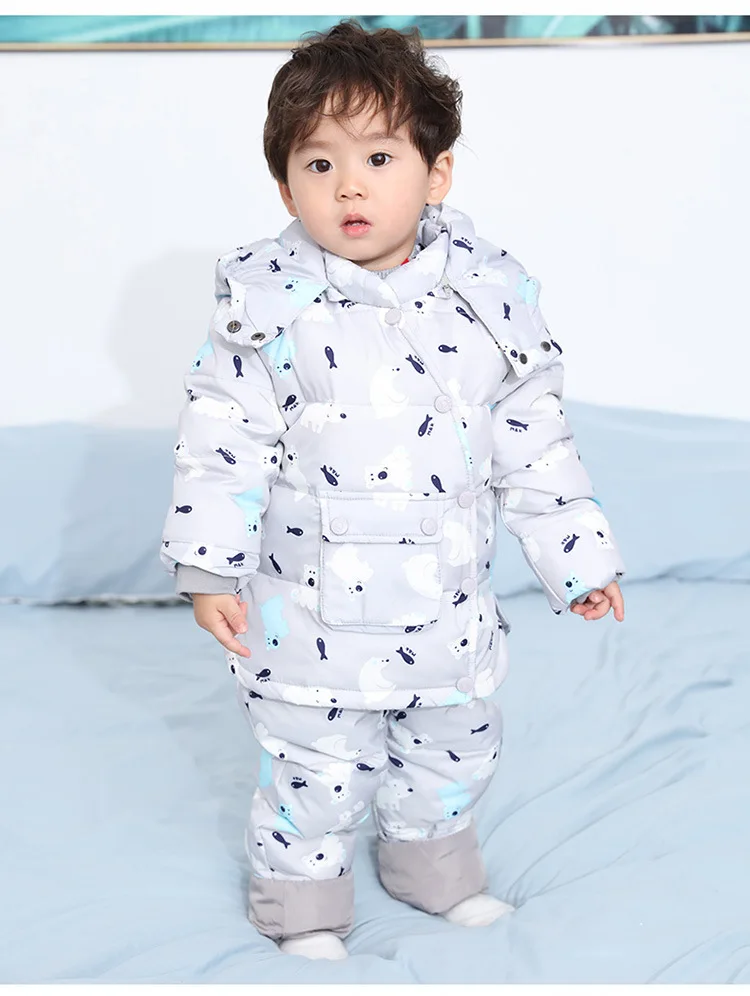Russia Winter Down Warm Jacket For Girls Cartoon Coat+ Overalls Children Snowsuit 1-3 Years Kids Baby Boy Girl 2 pieces Set