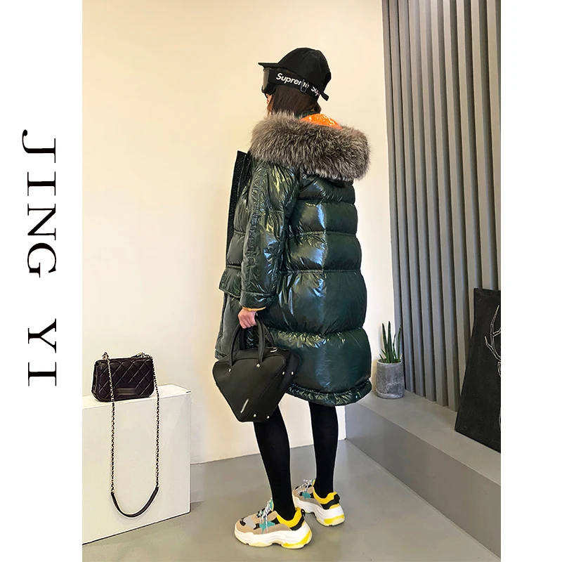 Новинка зимы 2020 длинный блестящий пуховик до колена с натуральным лисьим