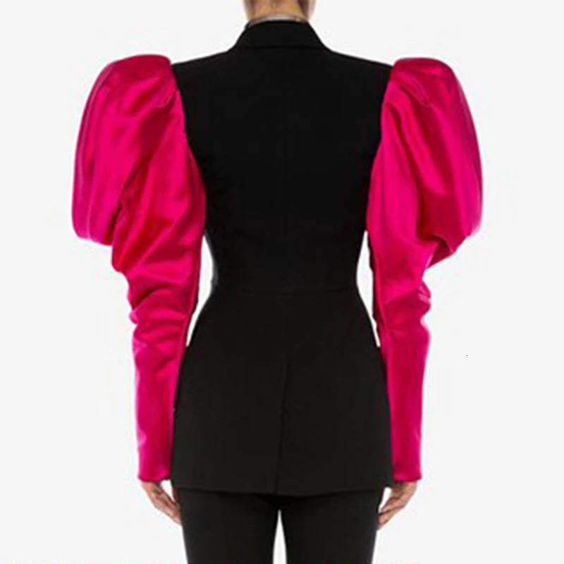 Online TWOTWINSTYLE Hit Color Ruched Patchwork Puff Sleeve Blazer For Women Notched Single Button Female Suit 2019 Autumn Fashion New
