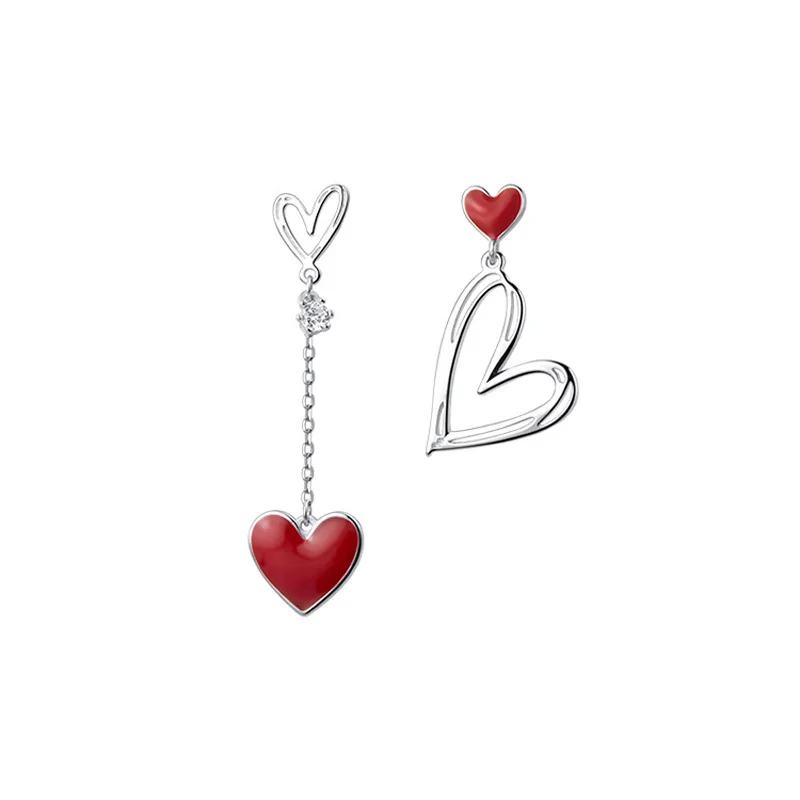 Silver Earrings Fashion Women Jewelry 925 Sterling Silver Red Asymmetric Love Sweet Peach Heart Earrings For Wedding Party