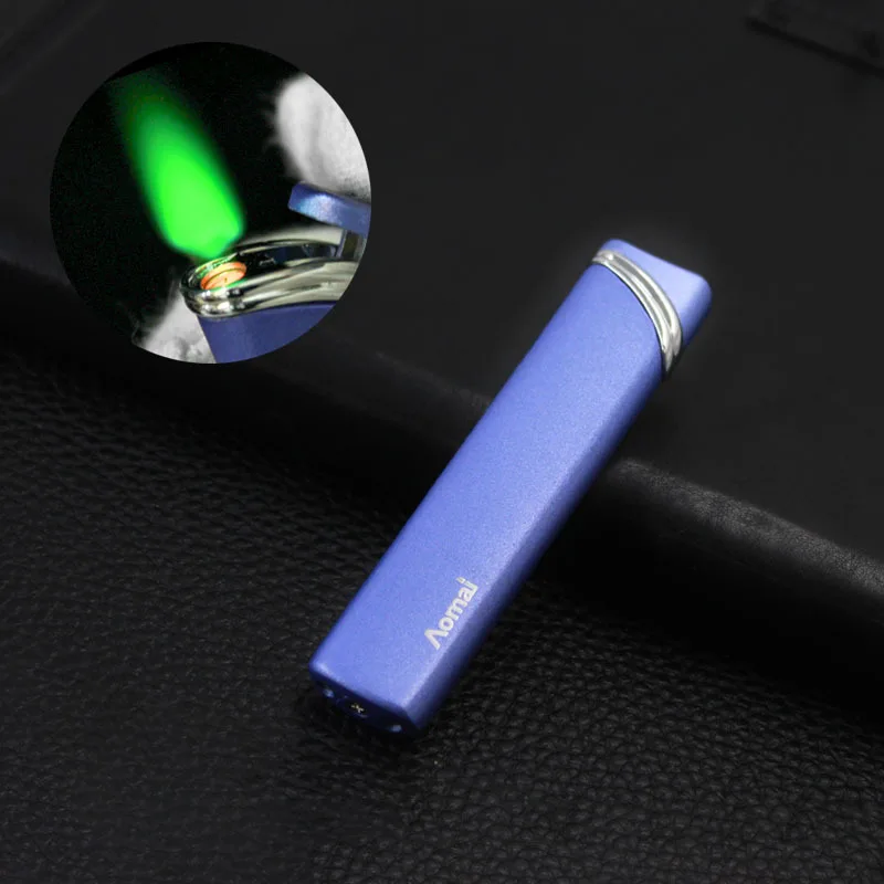 Metal Ultra Thin Torch Jet Lighter Compact Long Strip Windproof Green Flame Pocket Lighters