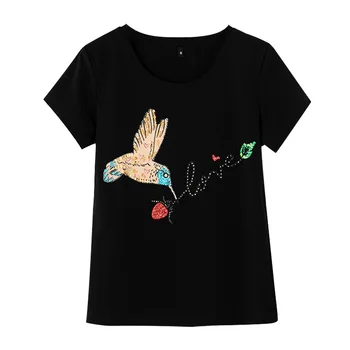 

2020 spring and summer new handmade beaded bird T-shirt female short-sleeved fashion Korean version of the ins hot shirt
