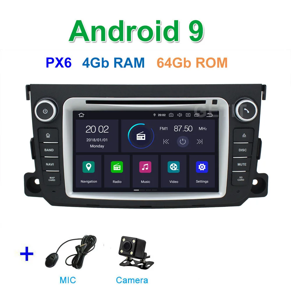 PX6 4G CAMERA DSP 64G PX6 Android 9 Автомобильный DVD стерео плеер gps для Mercedes/Benz Smart Fortwo 2011- с радио BT WiFi - Цвет: PX6 4G CAMERA