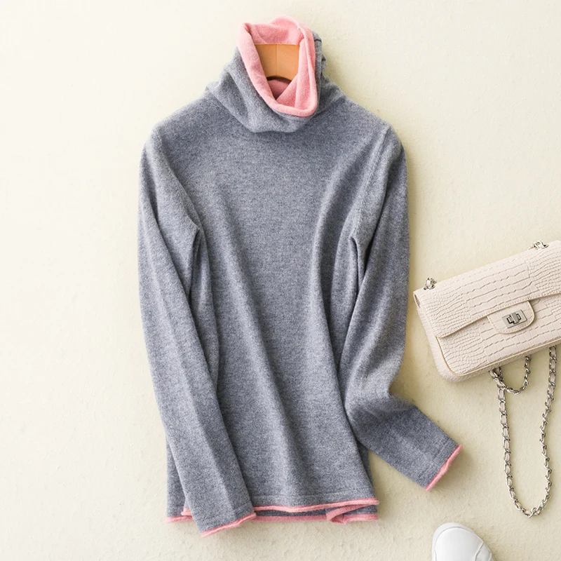 real wool sweater turtleneck winter women's patchwork double layer high collar warm pullover female long sleeves casual sweaters - Цвет: Серый