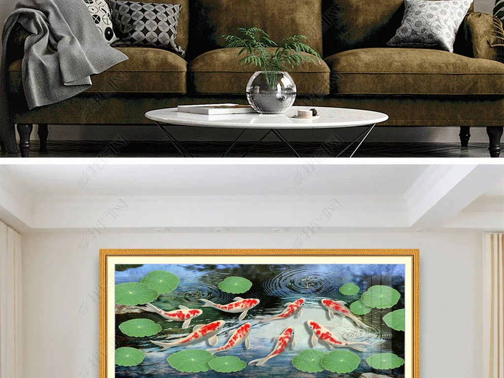 年年有余池塘鲢鱼锦鲤装饰画无框画背景墙