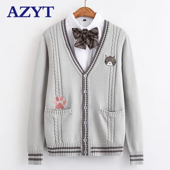 

AZYT Korean Kawaii Girls V neck sweater cardigan jacket 2020 Cat Embroidery Knitted Cardigans Spring Autumn Knit Jacket Coat