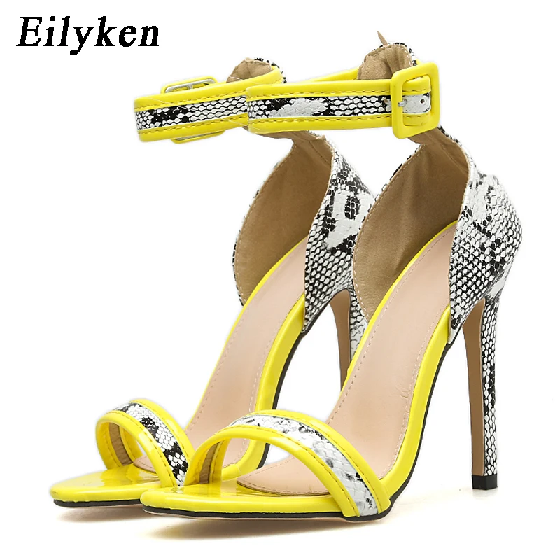 

EilyKen Gladiator High Heel Women Sandals Sexy Buckle Strap Yellow Serpentine Party Women Shoes size 41 42