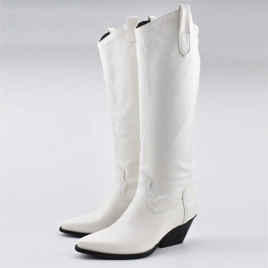 MORAZORA/Новинка года; брендовые сапоги до колена из натуральной кожи; модные зимние женские сапоги на среднем каблуке с острым носком; цвет черный, белый