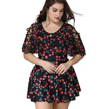 Joineles размера плюс, вишневый принт, женский купальник, XL~ 5XL, Цельный купальник с оборками, летние купальники, модные купальники с короткими рукавами