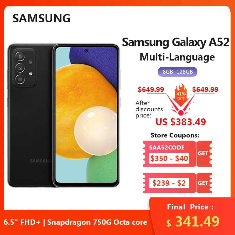 Смартфон Samsung Galaxy A52 экран 5G дюйма Восьмиядерный процессор Snapdragon 6 камера 64 мп