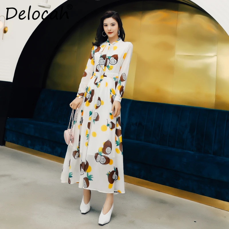 Delocah, весна-лето, новое женское платье, подиум, модный дизайн, длинный рукав, простой бант, принт, Элегантные повседневные женские платья