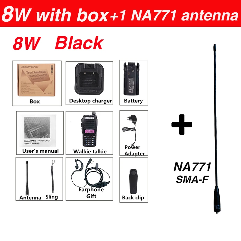 Высокая 8 Вт Baofeng UV-82 рация uv-82hp охота портативный CB Ham радио 10 км двухдиапазонный СВЧ/УВЧ-трансивер UV82 двухстороннее радио - Цвет: 8W add 1 NA771