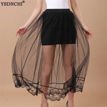 

YSDNCHI Lace Long Skirts New Women Mesh Skirts Summer High Waist Two Fake Piece Skirts See Through Black White Streetwear Girls
